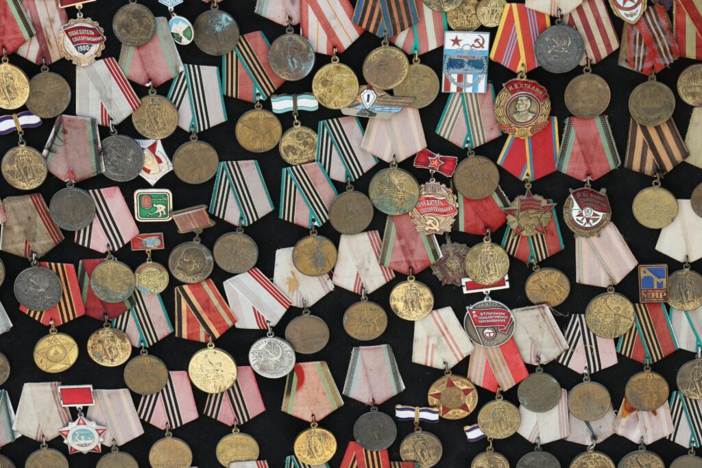 Assortment of Soviet military medals with vibrant ribbons.
